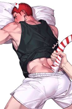 Rule 34 | 2boys, animal ears, ass, back, bara, black tank top, blush, cat boy, cat ears, fatcat, highres, lying, male focus, multiple boys, muscular, muscular male, on stomach, pillow, red hair, sakuragi hanamichi, short hair, shorts, simple background, slam dunk (series), solo focus, tail, tail grab, tank top, white background, white shorts, yaoi
