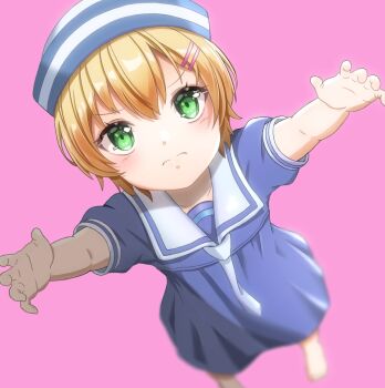 1girl 3: aged_down alternate_costume asaba_touka barefoot blonde_hair blue_dress blurry blush child closed_mouth commentary_request depth_of_field dress foot_out_of_frame foreshortening from_above frown green_eyes hair_between_eyes hair_ornament hairclip hat heaven_burns_red highres incoming_hug kindergarten_uniform looking_at_viewer looking_up maruyama_kanata outstretched_arms parallel_hairclips pink_background puffy_short_sleeves puffy_sleeves school_hat short_hair short_sleeves simple_background solo split_mouth upturned_eyes v-shaped_eyebrows