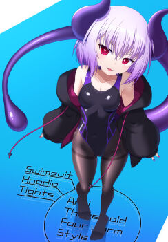 Rule 34 | 1girl, :3, breasts, cleavage, commentary request, competition swimsuit, covered navel, entenca, heart, heart-shaped pupils, highleg, highres, hood, hooded jacket, horns, jacket, jacket over swimsuit, looking at viewer, nail polish, no shoes, off shoulder, one-piece swimsuit, open clothes, open mouth, original, pantyhose, pantyhose under swimsuit, pink nails, purple hair, red eyes, small breasts, smile, solo, swimsuit, symbol-shaped pupils, tail, thighband pantyhose