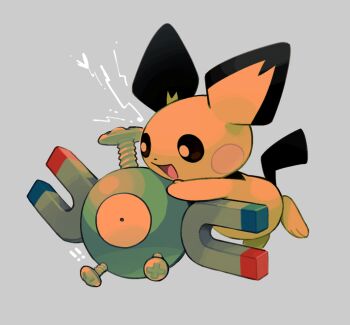 ! !! black_eyes bright_pupils dot_nose electricity full_body gen_1_pokemon gen_2_pokemon glomp grey_background hug kumedaira magnemite magnet nintendo no_humans one-eyed open_mouth pichu pokemon pokemon_(creature) pokemon_focus screw simple_background smile white_pupils