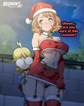 1boy 1girl absurdres age_difference artist_name bare_shoulders behind_another belmont_art belt black_garter_straps black_panties blonde_hair blue_eyes blush breasts brown_belt brown_hair clemont_(pokemon) closed_mouth commentary covered_erect_nipples cowboy_shot earrings elbow_gloves english_commentary garter_straps glasses gloves hand_on_another's_thigh hat highleg highleg_panties highres jewelry large_breasts miniskirt navel night nintendo no_bra onee-shota opaque_glasses outdoors panties pokemon pokemon_xy red_gloves red_hat red_skirt red_thighhighs red_tube_top round_eyewear santa_costume santa_hat serena_(pokemon) short_hair shotadom skirt skirt_tug stomach strapless thighhighs tube_top underboob underwear