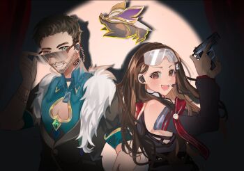 1boy 1girl adjusting_eyewear aventurine_(honkai:_star_rail) aventurine_(honkai:_star_rail)_(cosplay) bare_shoulders black_hair black_jacket black_shirt bracelet brown_eyes brown_hair camden_sutkowski center_opening collared_shirt cosplay detached_sleeves eyewear_on_head facial_hair fur-trimmed_jacket fur_trim green_eyes green_shirt grin gun hair_ornament hairclip handgun headset highres holding holding_gun holding_weapon honkai:_star_rail honkai_(series) jacket jewelry kanako_(fuwachu) long_hair looking_at_viewer neck_tattoo numby_(honkai:_star_rail) open_mouth sam_slade shirt short_hair smile spotlight sunglasses tattoo topaz_(honkai:_star_rail) topaz_(honkai:_star_rail)_(cosplay) trotter_(honkai:_star_rail) voice_actor_connection weapon