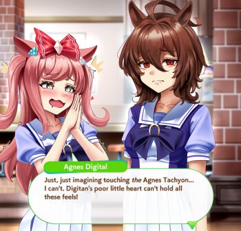 2girls absurdres agnes_digital_(umamusume) agnes_tachyon_(umamusume) ahoge animal_ears blush bow bowtie brown_hair commentary dialogue_box ear_ornament english_commentary frown hair_between_eyes hair_bow highres horse_ears horse_girl horseshoe_ornament huge_ahoge long_hair manjo_(warito) medium_hair multiple_girls open_mouth palms_together pink_hair pleated_skirt puffy_short_sleeves puffy_sleeves purple_bow purple_bowtie purple_sailor_collar purple_serafuku purple_shirt red_bow red_eyes sailor_collar sailor_shirt school_uniform serafuku shirt short_sleeves skirt tracen_school_uniform umamusume unamused white_skirt