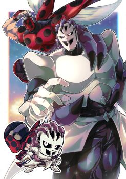 2boys abs absurdres alien armor arthropod_boy black_leggings black_nails black_sclera blue_sky border bug chibi chibi_inset colored_sclera commentary covered_pectorals cowboy_shot gloves glowing glowing_eyes gradient_background helmet highres insect insect_wings kinnikuman ladybug leggings looking_to_the_side male_focus mariquitaman monster_boy multiple_boys muscular muscular_male no_humans omegaman_aristera orange_sky otyumamii pectorals red_armor red_pupils sky spots white_armor white_border white_eyes white_gloves wings wrestling wrestling_outfit