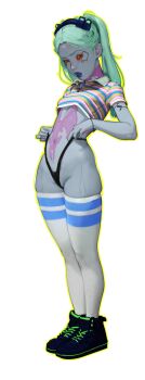 1girl alternate_costume artificial_eye black_footwear black_panties breasts collared_shirt colored_sclera colored_skin crop_top cyberpunk:_edgerunners cyberpunk_(series) diathorn female_focus full_body hair_ornament hands_up highleg highleg_panties highres legs_together lips lipstick long_hair looking_at_viewer makeup mechanical_eye navel neck_tattoo open_mouth panties panty_tug partially_visible_vulva pink_tattoo purple_lips realistic rebecca_(cyberpunk) red_pupils red_sclera shirt short_sleeves simple_background skindentation small_breasts solo standing stomach stomach_tattoo sweat tattoo thighhighs twintails underwear white_skin