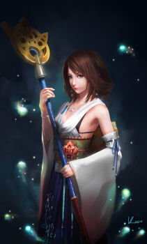 00s 10s 1girl 2015 black_bra bra bracelet breasts brown_hair dark_background dated detached_sleeves fantasy female_focus final_fantasy final_fantasy_x heterochromia highres japanese_clothes jewelry long_skirt looking_at_viewer medium_breasts necklace obi ring sash short_hair skirt sleeveless smile solo staff underwear vafar7 weapon wide_sleeves yuna yuna_(ff10)