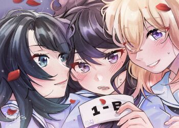 3girls bang_dream! bang_dream!_it&#039;s_mygo!!!!! black_hair blue_eyes blue_shirt blush chinese_commentary commentary_request falling_petals hanasakigawa_school_uniform highres medium_hair misumi_uika multiple_girls open_mouth petals purple_eyes sailor_collar school_uniform serafuku shiina_taki shirt white_sailor_collar yahata_umiri yoyoray20001996