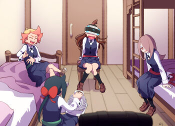 4girls amanda_o&#039;neill arikindows10 bed belt black_skirt black_socks black_vest blonde_hair blue_hair bow brown_footwear brown_hair bunk_bed closed_eyes collared_shirt constanze_amalie_von_braunschbank-albrechtsberger crossed_legs door dress_shirt electric_fan hair_bow hair_over_one_eye head-mounted_display indoors kagari_atsuko kneehighs knees_together_feet_apart laughing little_witch_academia loafers long_hair long_sleeves loose_belt low_ponytail luna_nova_school_uniform multicolored_hair multiple_girls open_mouth orange_hair pantyhose pointing ponytail red_bow red_eyes scared school_uniform shirt shoes sitting skirt socks sucy_manbavaran topknot two-tone_hair vest wavy_mouth white_shirt