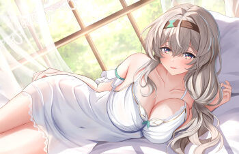 1girl absurdres alternate_breast_size_(larger) alternate_costume black_hairband blush breasts covered_navel firefly_(honkai:_star_rail) grey_hair hair_between_eyes hairband highres honkai:_star_rail honkai_(series) large_breasts long_hair looking_at_viewer lying nightgown on_bed on_side open_mouth shouhaku0512 solo window