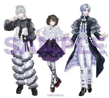 Rule 34 | 3boys, bespectacled, black boots, black bow, black bowtie, black coat, black hair, black nails, black ribbon, black shirt, black skirt, blue hair, boots, bow, bowtie, brooch, brown shoes, buttons, camisole, center-flap bangs, center frills, choker, coat, colored shoe soles, copyright notice, cross-laced clothes, cross-laced top, cuff links, curtained hair, dress shirt, earrings, frilled coat, frilled pants, frilled shirt collar, frilled sleeves, frills, full body, genzuki toujirou, glasses, grey hair, grey pantyhose, hair between eyes, hair ribbon, half-closed eyes, half updo, hand to own mouth, heart button, high-waist pants, high heels, holding, holding ribbon, jewelry, lace, lace-trimmed choker, lace-trimmed skirt, lace-up boots, lace trim, layered clothes, layered sleeves, leg ribbon, lineup, long sleeves, looking at viewer, low block heels, male focus, mashiro meme, medium hair, milan kestrel, mole, mole under eye, mole under mouth, mouth hold, multicolored shoes, multiple boys, multiple rings, nail polish, neck ribbon, nijisanji, official alternate costume, official art, open clothes, open coat, open hands, pants, pantyhose, platform boots, platform shoes, pleated skirt, puffy long sleeves, puffy sleeves, pumps, purple ribbon, purple shorts, ribbon, ribbon in mouth, ring, round eyewear, sample watermark, shirt, shirt tucked in, shirt under shirt, shoes, short hair, short over long sleeves, short sleeves, shorts, shorts under skirt, simple background, skirt, sleeve bow, smile, spider web print, standing, tiara, two-sided coat, two-sided fabric, two-tone shoes, virtual youtuber, waist bow, watermark, white background, white bow, white bowtie, white camisole, white choker, white pants, white shirt, wolf cut, woonak, yellow eyes