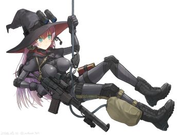 1girl aqua_eyes as_val assault_rifle black_bodysuit black_boots black_gloves bodysuit book boots breasts chest_harness combat_knife commentary_request ear_protection full_body gloves gun harness hat headset highres holding holding_gun holding_rope holding_weapon kalashnikov_rifle knee_pads knife large_breasts long_hair mifune_(_mifune_707) night_vision_device original pink_hair rappelling rifle rope sniper_rifle solo tactical_clothes variant_set vss_vintorez weapon witch_hat