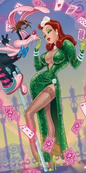 1boy 1girl bo_staff breasts card cleavage cosplay crossover disney earrings energy eyeshadow full_body gambit gloves green_skirt high_heels jessica_rabbit jewelry legs lipstick makeup marvel overalls playing_card rabbit_ears red_eyes red_hair roger_rabbit rogue_(x-men) skirt smile thighhighs who_framed_roger_rabbit x-men