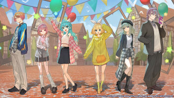 2boys 4girls :d ahoge animal_ear_fluff animal_ears aqua_eyes aqua_hair aqua_streaks arm_under_breasts arm_up arms_at_sides asymmetrical_sidelocks balloon bare_legs belt beret bird black_belt black_boots black_hat black_jacket black_pants black_shoes black_skirt blonde_hair blue_jacket blue_sky bob_cut boots bow breasts brown_shoes brown_sweater_vest camisole cat_ears cat_girl cellphone closed_mouth clothes_around_waist cloud collarbone collared_shirt commentary_request copyright_notice day drawstring empty_picture_frame fang full_body gradient_hair green_hair grey_skirt guest_art hair_between_eyes hair_bow hand_in_pocket hand_up hands_in_pockets hat hatsune_miku high_heel_boots high_heels highres holding holding_phone hood hood_down hooded_jacket house jacket kagamine_rin kamishiro_rui knee_boots kneehighs kusanagi_nene lack lapels long_hair long_sidelocks long_sleeves mary_janes midriff miniskirt multicolored_hair multiple_boys multiple_girls no_pants off_shoulder official_art ootori_emu open_clothes open_jacket open_mouth orange_hair outdoors pants parted_bangs penny_loafers phone picture_frame pink_eyes pink_hair pink_shirt plaid_clothes plaid_jacket plaid_shirt pleated_skirt project_sekai purple_eyes purple_hair second-party_source shirt shoes short_hair sidelocks skirt sky sleeves_past_wrists small_breasts smartphone smile socks spaghetti_strap standing star_(symbol) streaked_hair string_of_flags sweater_vest tenma_tsukasa tree untucked_shirt v-neck vocaloid white_bird white_bow white_camisole white_pants white_shirt white_socks wolf_cut wonderlands_x_showtime_(project_sekai) wonderlands_x_showtime_miku wonderlands_x_showtime_rin yellow_eyes yellow_jacket yellow_shoes yellow_socks zozotown
