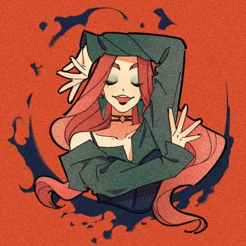 1girl 3itches arm_over_head black_dress black_lips chinese_commentary choker closed_eyes commentary_request dress earrings eyeshadow jewelry long_hair makeup open_mouth orange_background orange_hair simple_background solo tweetyq1961 vivian_(3itches)