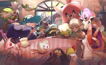 1boy 1girl alcremie alcremie_(strawberry_sweet) alcremie_(vanilla_cream) bede_(pokemon) bewear blonde_hair book border0715 chair closed_eyes cottonee drinking floating food fruit galarian_form galarian_ponyta gardevoir gen_1_pokemon gen_2_pokemon gen_3_pokemon gen_5_pokemon gen_6_pokemon gen_7_pokemon gen_8_pokemon grey_hair gym_leader hat hatenna hattrem highres impidimp inkay jigglypuff litwick mawile milcery nintendo old old_woman opal_(pokemon) pokemon pokemon_(creature) pokemon_swsh polteageist ponyta ralts reading sitting smile strawberry swirlix sylveon table togetic whimsicott wings wrinkled_skin