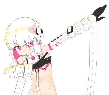 1girl ball_gag black_gloves bright_pupils commentary_request dab_(dance) detached_sleeves dohna_dohna_issho_ni_warui_koto_o_shiyou eyepatch gag gloves hair_ornament heart heart_hair_ornament liveactors looking_at_viewer o-ring pink_eyes pink_hair porno_(dohna_dohna) revealing_clothes short_hair simple_background solo strap white_background white_hair white_pupils