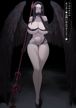 absurdres black_gloves black_hair black_shoes black_wings breasts closed_eyes collarbone elbow_gloves fallen_angel feathered_wings gloves highres holding holding_polearm holding_weapon large_breasts midriff navel original parted_hair polearm shoes smile tatsunohiroigo3 thighs weapon wings