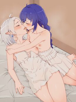 2girls absurdres babywipes bed_sheet blue_hair blush braid breast_slip breasts chemise chemise_pull closed_eyes clothes_pull collarbone commentary commission earrings elf english_commentary floating_earrings french_kiss highres hug jewelry kiss lingerie long_hair lying medium_hair multiple_girls mushoku_tensei nipples no_bra on_back on_side pointy_ears roxy_migurdia small_breasts sylphiette_(mushoku_tensei) teardrop_earrings thighs tongue tongue_out twin_braids underwear underwear_only white_chemise white_hair yuri