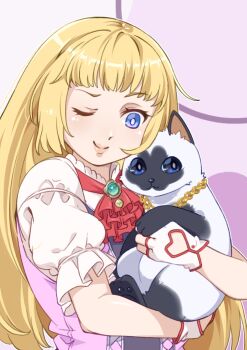 1girl animal blonde_hair blue_eyes blunt_bangs cat commentary drdr_ao_midoro fingerless_gloves gloves highres holding holding_animal hug jewelry lili_(tekken) one_eye_closed puffy_short_sleeves puffy_sleeves short_sleeves smile solo tekken upper_body white_gloves