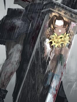 1boy 1girl absurdres aerith_gainsborough armor black_gloves black_hair black_pants black_sweater blood blood_on_face bloody_weapon brown_hair buster_sword closed_eyes closed_mouth crisis_core:_final_fantasy_vii final_fantasy final_fantasy_vii flower from_behind gloves gradient_background grey_background hair_ribbon heartbreak_juan highres long_hair pants parted_bangs pink_ribbon praying rain ribbon shoulder_armor sleeveless sleeveless_turtleneck sweater sword sword_on_back turtleneck turtleneck_sweater upper_body weapon weapon_on_back yellow_flower zack_fair