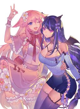Rule 34 | 2girls, alternate costume, animal ears, arm up, bare shoulders, blunt bangs, bow, bowtie, breasts, capelet, choker, cleavage, closed mouth, commentary, commentary request, couple, detached sleeves, dress, english commentary, fake wings, flower, fox shadow puppet, frilled capelet, frilled thighhighs, frills, genshin impact, hair bow, hair flower, hair ornament, headband, highres, large breasts, long hair, long sleeves, looking at viewer, multiple girls, off shoulder, one eye closed, open mouth, orange sekaii, pink capelet, pink dress, pink hair, purple eyes, purple hair, purple shirt, purple shorts, purple thighhighs, raiden shogun, shirt, short dress, shorts, side slit, simple background, sitting, sponsor, standing, teeth, thick thighs, thighhighs, thighs, upper teeth only, white background, white flower, wings, yae miko, yuri
