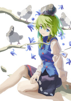 1girl absurdres animal animal_on_head barefoot bird black_skirt blue_eyes blue_flower blue_vest branch commentary flower green_hair highres on_head pigeon shiki_eiki shirt sitting skirt solo touhou vest white_shirt yunickckck