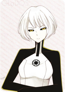 1girl bad_id bad_pixiv_id black_sclera bob_cut bodysuit character_name colored_sclera emblem female_focus glados kei-chan_(atlas_kei) pale_skin personification portal portal_(series) portal_1 portal_2 short_hair simple_background solo upper_body valve white_hair yellow_eyes