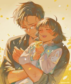 1boy 1girl absurdres ahoge animal_print black_hair black_shirt blunt_bangs bob_cut closed_eyes collared_shirt father_and_daughter flower glasses grin han_dareum han_myungoh highres holding holding_flower hug jacket multiple_scars omniscient_reader&#039;s_viewpoint papercider rabbit_print scar scar_on_arm shirt short_hair smile tears upper_body warm_colored white_shirt
