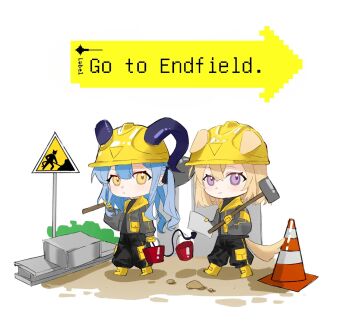 2girls :/ animal_ears arknights bang_dream! bang_dream!_it's_mygo!!!!! black_pants blonde_hair blue_hair boots bucket construction_site construction_worker curled_horns deformed demon_girl demon_horns demon_tail dog_ears dog_girl dog_tail ears_through_headwear english_text expressionless full_body gloves grey_jacket hair_between_eyes hammer hard_hat hashtag-only_commentary helmet highres holding holding_bucket holding_hammer holding_paper horns horns_through_headwear jacket long_hair looking_at_viewer medium_hair misumi_uika misumi_uika_(perro) multiple_girls pants paper purple_eyes purple_horns putaooking road_sign shadow sign sledgehammer smile steel_beam tail togawa_sakiko togawa_sakiko_(sarkaz) traffic_cone white_background yellow_boots yellow_eyes yellow_gloves