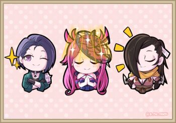 3girls ;) breasts choker cleavage closed_eyes commission el_pan_frances fascinator fire_emblem fire_emblem:_three_houses fire_emblem_engage fire_emblem_fates green_jacket hair_over_one_eye hands_on_own_hips high_ponytail highres ivy_(fire_emblem) jacket kagero_(fire_emblem) medium_breasts multiple_girls nintendo one_eye_closed own_hands_together ponytail purple_eyes purple_hair shamir_nevrand smile