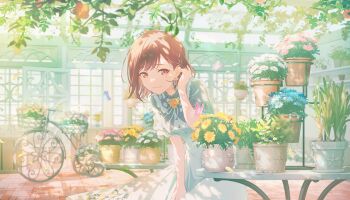 1girl adjusting_hair arm_up bare_arms bicycle blue_butterfly blue_flower braid breasts brown_eyes brown_hair bug butterfly buttons closed_mouth colorful_palette dot_nose dress earrings falling_petals floating_hair floral_print floral_print_dress flower flower_earrings flower_request frilled_shirt_collar frilled_sleeves frills game_cg green_theme grey_vest hanging_plant highres hodokenu_ashita_ni_te_wo_nobashite_(project_sekai) insect jewelry lips looking_at_flowers medium_breasts neck_ribbon official_alternate_costume official_art orange_flower petals pink_butterfly pink_flower plant potted_plant print_dress project_sekai puffy_short_sleeves puffy_sleeves ribbon ribbon_earrings shinonome_ena short_hair short_sleeves side_braid single_braid smile solo table third-party_source vest white_dress wind window yellow_flower yellow_petals