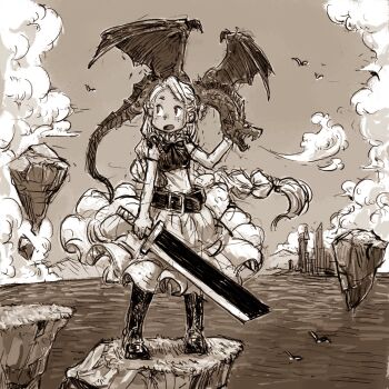 1girl belt boots braid buckle cloud commentary_request dragon dragon_on_shoulder fantasy floating_island freckles greatsword greyscale highres holding holding_sword holding_weapon horizon long_hair momochichi77 monochrome ocean open_mouth original outdoors short_sleeves single_braid sketch skirt solo standing sword very_long_hair weapon