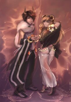 1boy 1girl bikini blonde_hair blouse couple earrings ekaterina_orange grey_shirt gypsy gypsy_(ragnarok_online) hetero horns jewelry long_hair mistress_(artist) professor professor_(ragnarok_online) ragnarok_online red_eyes sandals scarf scholar_(final_fantasy) see-through_clothes shirt sleeveless sleeveless_shirt swimsuit twintails yellow_bikini