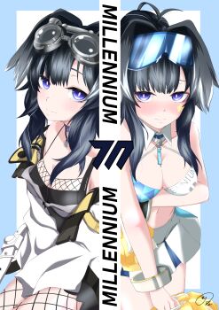 1girl 3: absurdres arm_under_breasts bare_shoulders black_dress black_hair blue_archive blue_border blue_eyes blush border breasts bright_pupils character_name cheerleader cleavage closed_mouth commentary_request cowboy_shot detached_collar dress embarrassed eyebrows_hidden_by_hair eyelashes fishnet_pantyhose fishnets floppy_ears frown goggles goggles_on_head hair_between_eyes hibiki_(blue_archive) hibiki_(cheer_squad)_(blue_archive) highres holding holding_pom_poms large_breasts long_hair looking_at_viewer maximum7010 millennium_cheerleader_outfit_(blue_archive) millennium_science_school_logo miniskirt multiple_views name_tag navel nose_blush official_alternate_costume outside_border pantyhose pleated_skirt pom_pom_(cheerleading) pom_poms short_dress sidelocks signature simple_background skirt sleeveless sleeveless_dress slit_pupils smile split_mouth sports_bra upturned_eyes white_background white_pupils white_skirt white_wrist_cuffs wrist_cuffs