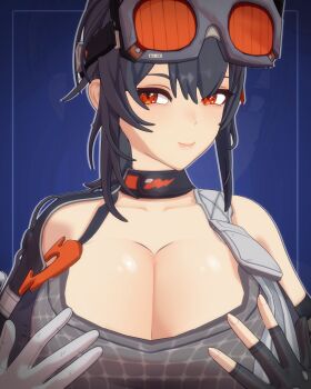 1girl 3d absurdres alternate_breast_size_(larger) arms_up asymmetrical_gloves black_collar black_hair blue_background breasts cleavage collar crop_top eyebrows_hidden_by_hair female_focus fingerless_gloves gloves goggles goggles_on_head grabbing_own_breast grace_howard highres huge_breasts large_breasts long_hair red_eyes sala3d seductive_smile simple_background smile upper_body zenless_zone_zero zoom_layer
