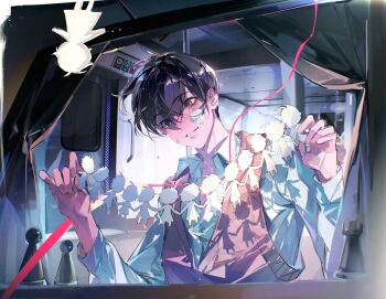 1boy :d black_hair character_doll chess_piece collared_shirt curtains doll grin hands_up hashtag-only_commentary highres indoors kim_dokja male_focus oldest_dream omniscient_reader's_viewpoint open_mouth orange_vest paper_doll_chain pawn_(chess) rc_dec red_eyes red_ribbon ribbon rook_(chess) shirt short_hair smile solo train_interior vest white_shirt yoo_joonghyuk