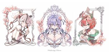 Rule 34 | 1010 (wuthering1010), 3girls, absurdres, bare shoulders, black eyes, blurry, blurry foreground, blush, breasts, camellya (wuthering waves), cantarella (wuthering waves), ciaccona (wuthering waves), cleavage, closed mouth, commentary, copyright name, earrings, facial mark, flower, from side, gold earrings, green eyes, hair between eyes, hair flower, hair ornament, hair ribbon, hair vines, hand up, hands up, headdress, highres, holding, holding petal, horns, huge breasts, jewelry, light blush, long hair, looking at viewer, mark under eye, medium breasts, mole, mole under eye, multiple girls, open mouth, parted lips, petals, pink petals, pointy ears, purple hair, red ribbon, ribbon, short hair, short twintails, shrug (clothing), small breasts, smile, tacet mark (wuthering waves), tree horns, turning head, twintails, upper body, white hair, white shrug, wuthering waves