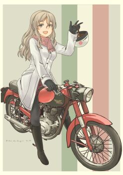 Rule 34 | 1girl, black gloves, black pantyhose, brown eyes, coat, flag background, gloves, grey hair, hair between eyes, helmet, highres, italian flag, kantai collection, long hair, motor vehicle, motorcycle, pantyhose, pink scarf, pola (kancolle), pola (mitsukoshi) (kancolle), pot-de, riding, scarf, smile, solo, thick eyebrows, unworn headwear, unworn helmet, vehicle request, wavy hair, white coat
