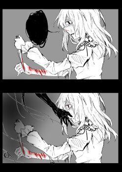 1girl 1other absurdres blood bloody_knife collar commentary dated_commentary disembodied_eye frilled_collar frills hand_on_another's_cheek hand_on_another's_face highres holding holding_knife knife long_hair long_sleeves maribel_hearn missing_headwear open_mouth oriharareimu partially_colored scar scar_on_arm self-harm self-harm_scar sleeve_garter tears torn_sleeve touhou