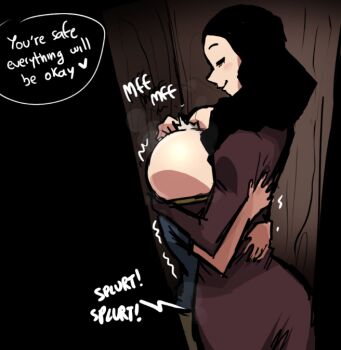 1boy 1girl age_difference black_hair breast_smother breasts church cum ejaculation ejaculation_under_clothes english_text face_to_breasts femdom height_difference hug humping large_breasts mosbles nun shota