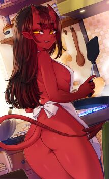 1girl apron ass blunt_bangs breasts colored_skin demon_girl demon_horns demon_tail freckles frying_pan highres horns indoors kitchen large_breasts long_hair looking_at_viewer meruccubus_(merunyaa) merunyaa mole mole_under_eye naked_apron oni oni_horns original pointy_ears red_oni red_skin smile solo tail