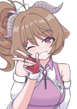 1girl ;d absurdres animal_ears ardelia_(arknights) arknights arknights:_endfield bare_shoulders bow bowtie brown_hair clothes_writing collared_shirt commentary curled_horns eyjafjalla_(arknights) fingerless_gloves gloves grey_horns grin hair_between_eyes hair_ornament hairclip highres horns looking_at_viewer medium_hair one_eye_closed open_mouth pink_eyes pink_shirt red_gloves risu_(risu028) sheep_ears sheep_girl sheep_horns shirt simple_background sleeveless sleeveless_shirt smile solo upper_body w white_background white_bow white_bowtie white_gloves