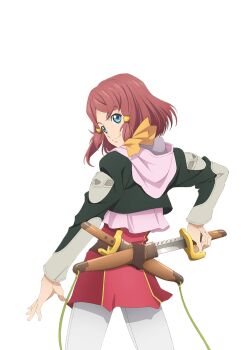 Rule 34 | 1girl, artist request, bandana, black jacket, blue eyes, cowboy shot, dagger, dress, from behind, game cg, hair ornament, holding, holding behind back, holding dagger, holding knife, holding weapon, holding weapon behind back, jacket, knife, looking at viewer, official art, pants, pink hood, red dress, red hair, rose (tales), short hair, smile, solo, tales of (series), tales of asteria, tales of zestiria, third-party source, transparent background, weapon, white pants, yellow bandana