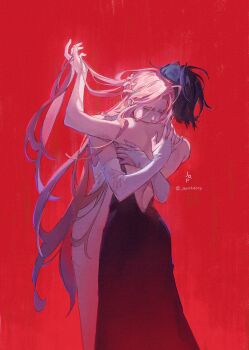 2girls alien_stage artist_name bare_back bare_shoulders black_dress black_hair bridal_gauntlets closed_eyes commentary covered_mouth cowboy_shot dress fingernails from_behind hand_on_another&#039;s_back hand_on_another&#039;s_head hand_up head_on_another&#039;s_shoulder highres holding_another&#039;s_hair hug jayohdotp jewelry long_hair mizi_(alien_stage) multiple_girls pink_hair red_background ring short_hair simple_background sleeveless sleeveless_dress standing strapless strapless_dress sua_(alien_stage) symbol-only_commentary white_dress yuri