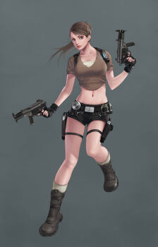 1girl bad_id bad_pixiv_id boots brown_hair crop_top dual_wielding female_focus fingerless_gloves full_body gloves gun h&amp;k_mp5k heckler_&amp;_koch holding holster lara_croft midriff navel ponytail shorts solo submachine_gun sww13 thigh_holster tomb_raider weapon