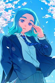 1boy aqua_hair blue_eyes blue_jacket blue_necktie blue_sky day grey_pants hanyu0817 highres inazuma_eleven_(series) inazuma_eleven_victory_road jacket looking_at_viewer male_focus medium_hair necktie open_clothes open_jacket outdoors pants sasanami_unmei shirt signature sky solo striped_necktie white_shirt