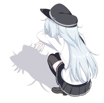 Rule 34 | 1girl, black hat, black skirt, black thighhighs, cat shadow puppet (meme), flat cap, from behind, hat, hibiki (kancolle), hikobae, kantai collection, meme, middle w, pleated skirt, shadow puppet, shirt, skirt, solo, squatting, thighhighs, w, white hair, white shirt