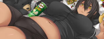 1girl :< bear belly black_hair breasts candy controller dark-skinned_female dark_skin donut exaxuxer female_focus food kuu-chan_(exaxuxer) large_breasts looking_at_viewer lying midriff navel on_back original plump pocky pringles remote_control short_hair short_shorts shorts solo yellow_eyes