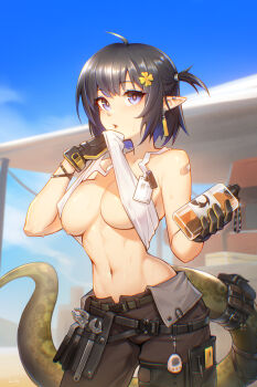 1girl absurdres ahoge arknights bandaid bandaid_on_shoulder bare_shoulders black_gloves black_hair blue_eyes blue_hair blue_sky blush bottle breasts brown_pants cleavage clothes_lift clover_hair_ornament day earrings eunectes_(arknights) eunectes_(forgemaster)_(arknights) gloves gradient_hair hair_ornament highres holding holding_bottle jewelry large_breasts lifting_own_clothes lunn multicolored_hair navel official_alternate_costume one_side_up outdoors pants parted_lips pointy_ears shirt_lift short_hair sky snake_tail solo tail tank_top thigh_strap white_tank_top wiping_sweat wrench wristband