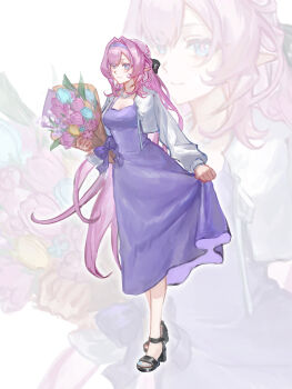 1girl alternate_costume blue_eyes bouquet breasts commentary_request dress elf elysia_(honkai_impact) flower full_body hairband high_heel_sandals highres holding holding_bouquet honkai_(series) honkai_impact_3rd long_hair medium_breasts nail_polish pink_hair platform_sandals pointy_ears purple_dress purple_hairband sandals seawave02974 sharp_toenails skirt_hold solo strappy_heels toenail_polish toenails toes very_long_hair white_background zoom_layer